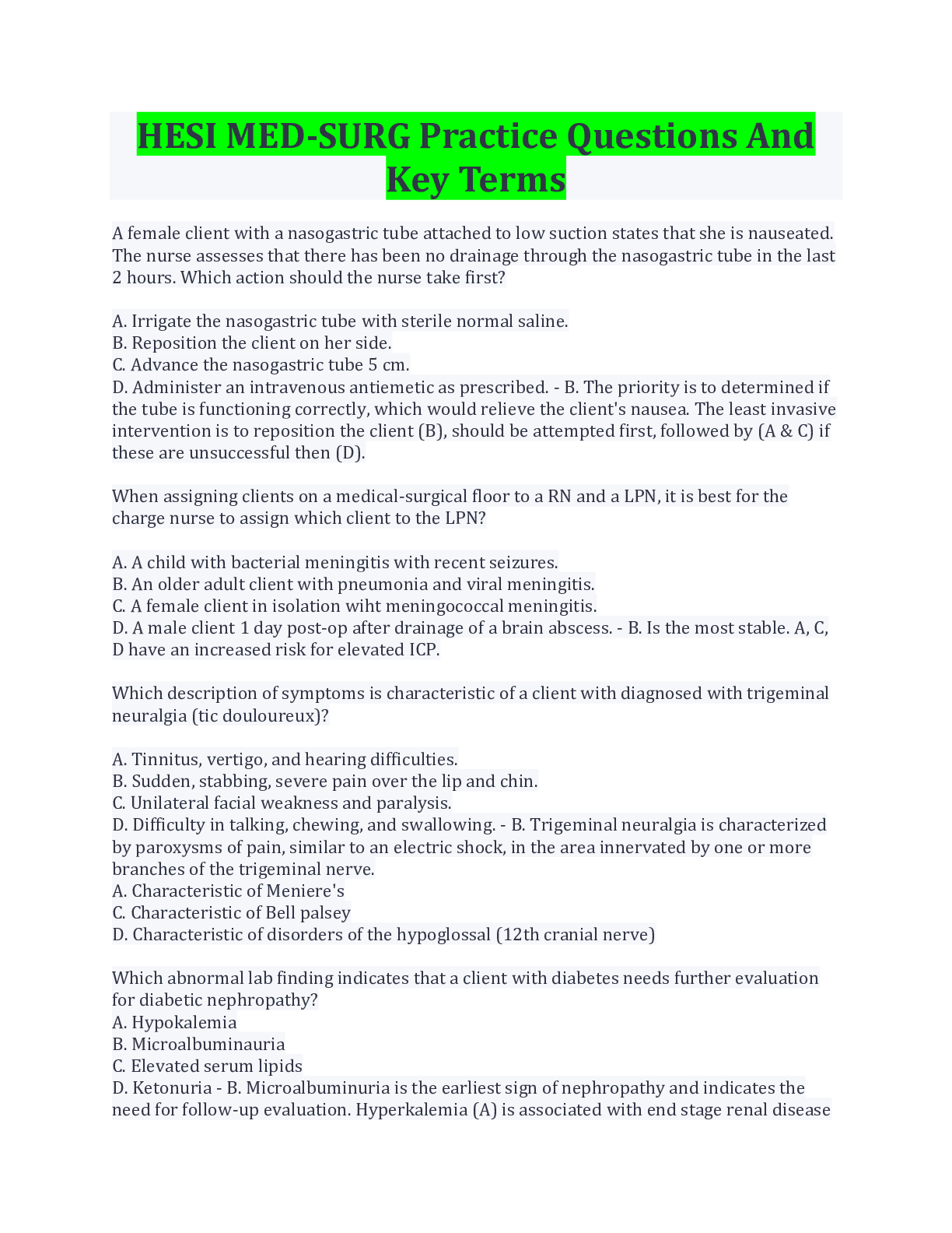 Preview image for HESI MED-SURG Practice Questions And Key Terms With Complete Solution